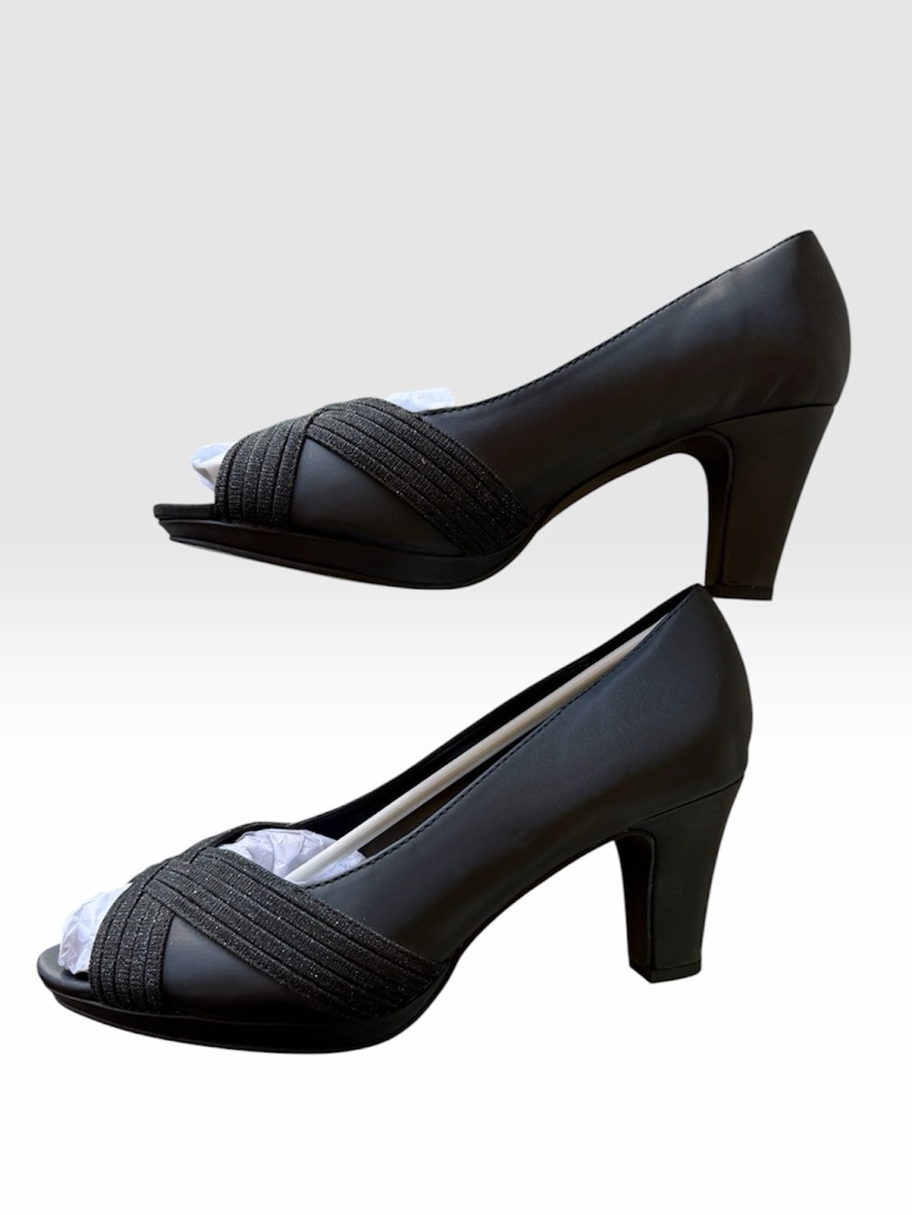 Black Peep-Toe Mid Heel Pumps with Textured Crossover
